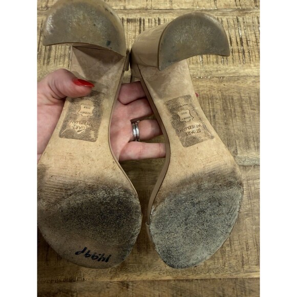 Stuart Weitzman Patent Leather Block-Heel Nudistcurve Sandals Beige Size 7M - Picture 9 of 11